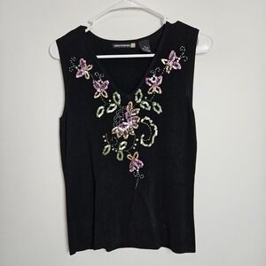 Sweaterworks Women's Size M Embellished Top Beaded Sequin‎ Floral Sleeveless